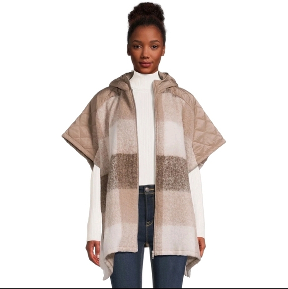 Time and Tru Sweaters - Women's Plaid Zip Poncho Sweater L-XL Hood Tan/Brown NWOT Cozy Light Weight